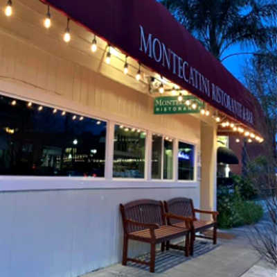 two benches in front of Montecatini Ristorante, Walnut Creek, CA