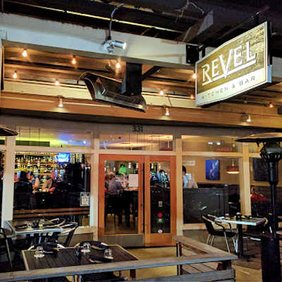 Lights, tables, front entry to Revel Restaurant, Danville, CA