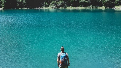 hiker by a lake