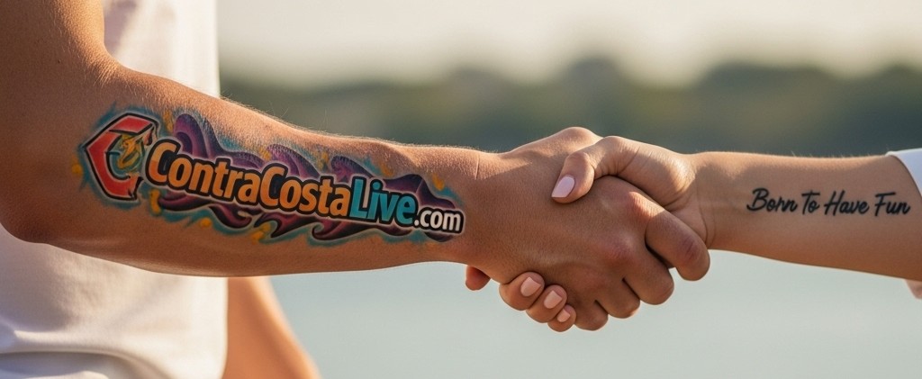 Two people shaking hands – ContraCostaLive.com tattoo and Born to Have Fun tattoo