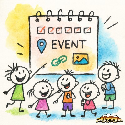 Childlike sketch of people gathered around a free calendar listing