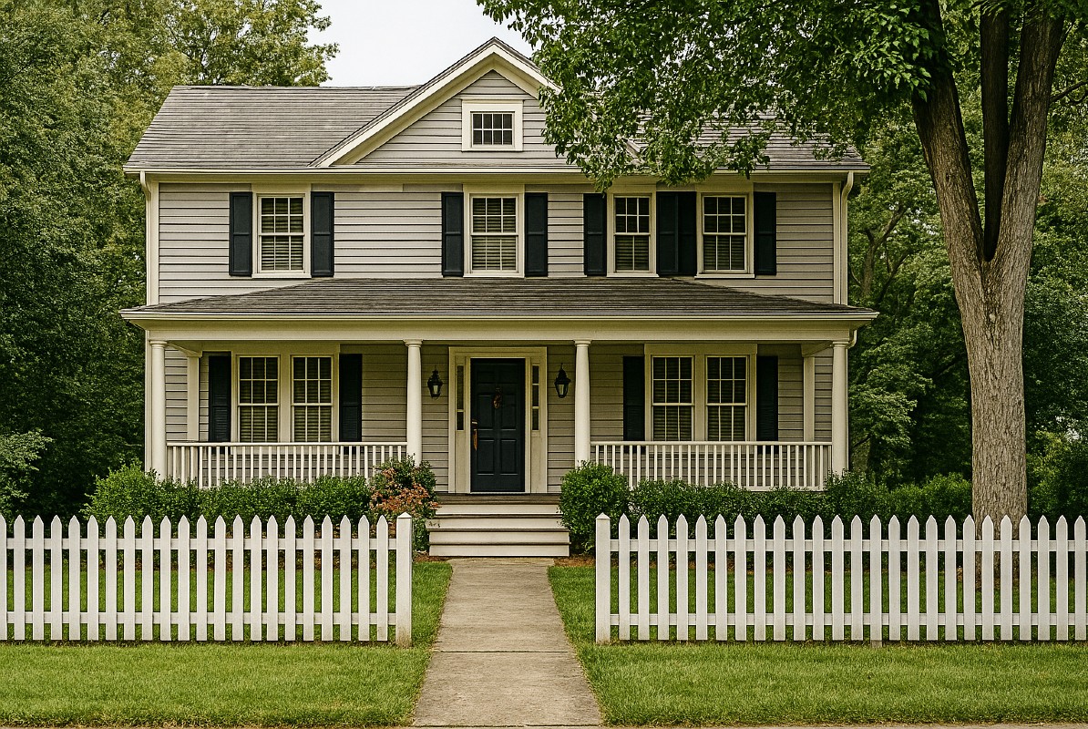 Classic two-story home with white picket fence, shade trees, and a welcoming front porch