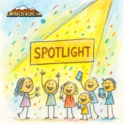 Childlike sketch of Spotlight ad under a beam with a cheering crowd