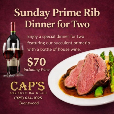 Sunday Prime Rib Dinner For Two With Wine $70